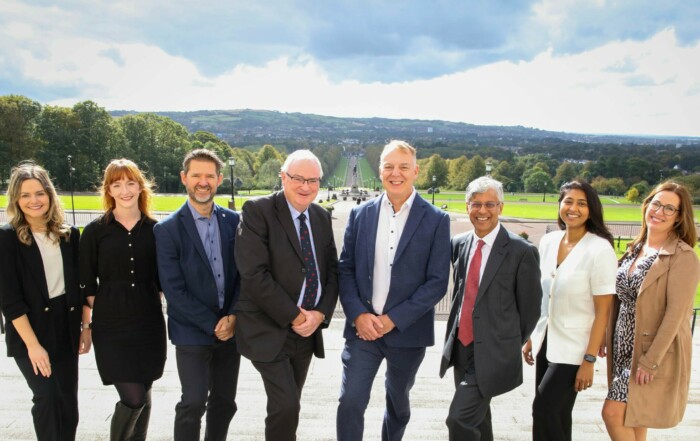 from left, Tara Thompson, Engagement and Support Team Manager, National Centre for Earth Observation, Rebecca Corey, EO Data Lead – EO & Climate, UK Space Agency, Andrew Stanniland, CEO, Thales Alenia Space UK, Steve Aiken OBE MLA, Chair of STEM and Aerospace APG, Robert Hill, NI SPACE Cluster Manager and Chair of DfE Matrix Science and Industry Panel, Prof John Remedios, Director, National Centre for Earth Observation, Krupa Nanda Kumar, Climate Services Development Manager Space4Climate and Louise Long, DfE Director of Innovation, Research and Enterprise.